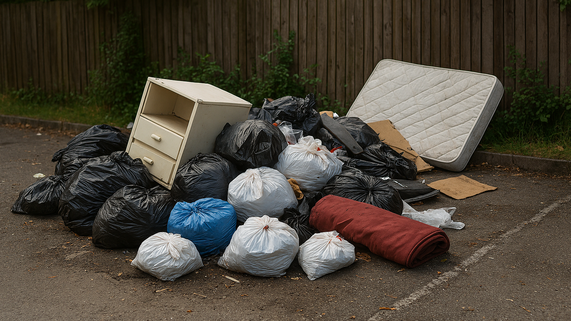 Pile of rubbish bags, a mattress, and discarded furniture dumped on the ground near a wooden fence.