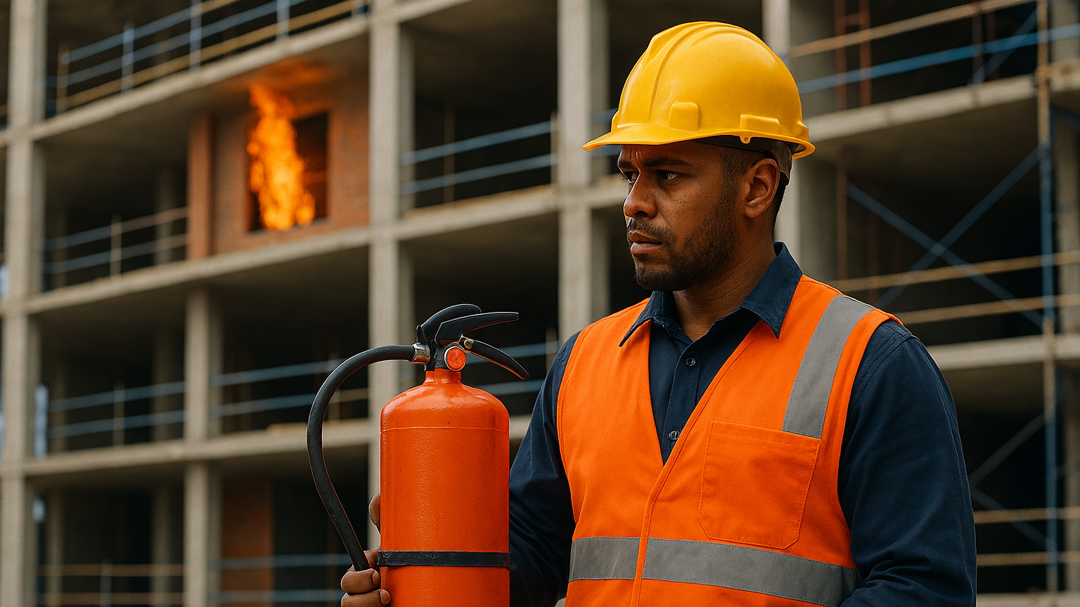 Construction worker in safety gear holding a fire extinguisher with flames visible in a building under construction.