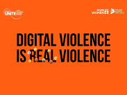 UN Women graphic with orange background and text: ‘Digital violence is real violence’, featuring emoji icons.