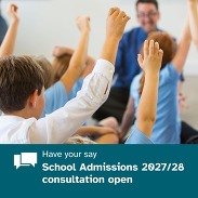 Children in a classroom raising their hands with text promoting Somerset school admissions consultation for 2027/28.