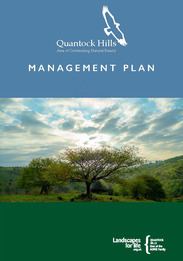 Cover of Quantock Hills Management Plan featuring logo, title text, and scenic view of trees under a cloudy sky.