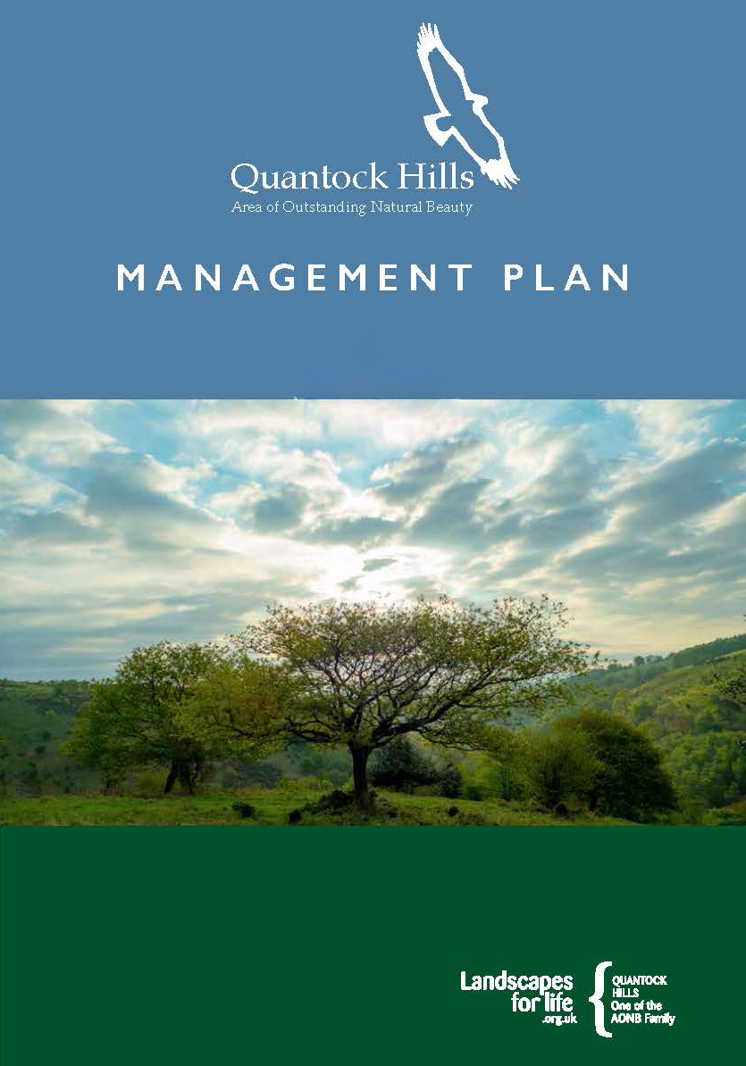 Cover of Quantock Hills Management Plan featuring logo, title text, and scenic view of trees under a cloudy sky.