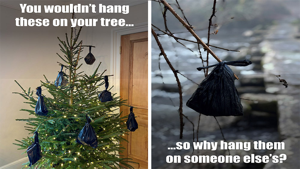 Christmas tree with black dog waste bags as decorations beside a river branch with a similar bag, urging people not to litter.