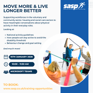 Promotional graphic for SASP’s “Move More & Live Longer Better” workshop with date, time, and people exercising with resistance bands.