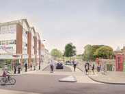 Artists’ impression of Celebration Mile plans at Salmon Parade and Eastover Triangle with trees and improved pedestrian areas.