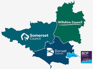 Map showing Wessex Partnership county boundaries for BCP, Dorset, Somerset and Wiltshire with each council’s logo.