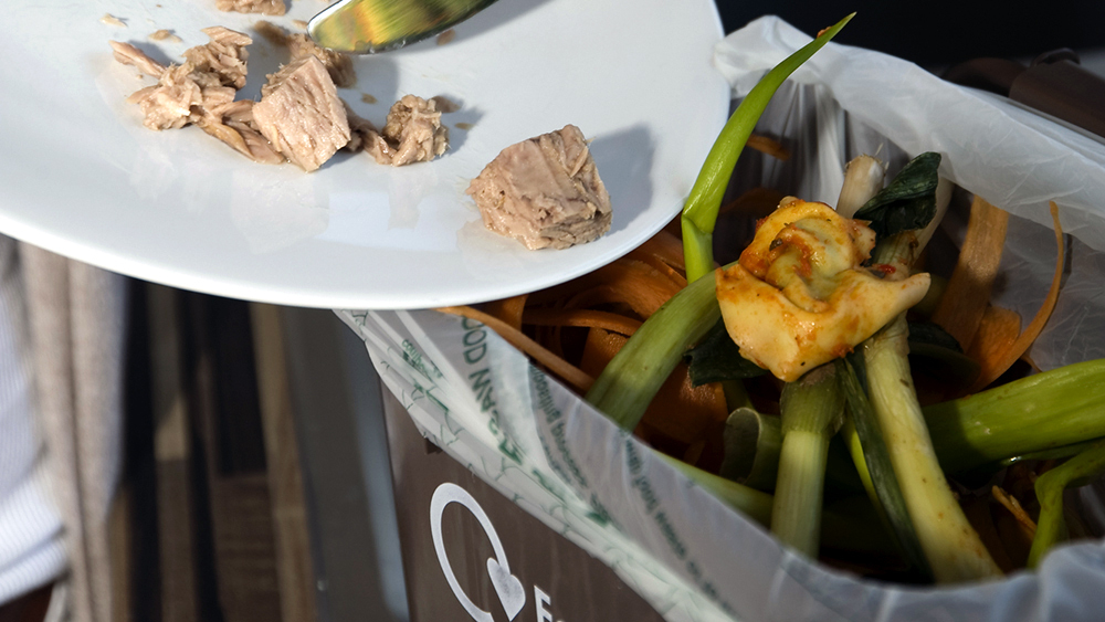Plate scraping leftover meat into a food waste bin filled with vegetable peels and scraps.
