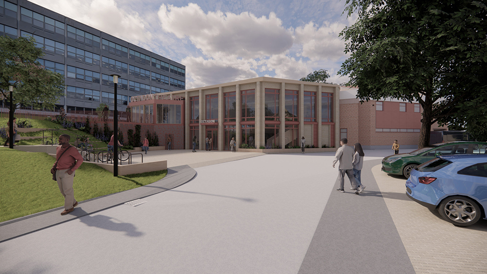 Artists' 3D rendering of a revamped entrance to the Octagon Theatre.