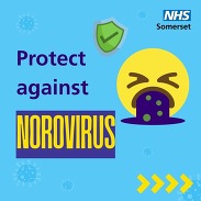 Graphic urging people to protect against norovirus, showing NHS Somerset branding and an illustration of someone vomiting.