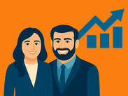 Two illustrated business professionals stand beside an upward-pointing growth chart on an orange background.
