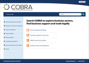 Screenshot of the COBRA online business tool homepage showing guides for start-ups, local support, market insights and business regulations.