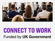 Audience members raise hands during a workplace event above the text “Connect to Work – Funded by UK Government.”