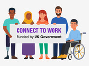A diverse group of people holding a sign that reads “Connect to Work – Funded by UK Government.”