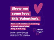 Purple Valentine’s graphic with heart icon promoting NHS heart checks, urging adults aged 40–74 to borrow a blood pressure monitor.