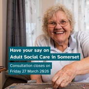 Person completing a jigsaw at a table with text inviting views on Adult Social Care in Somerset, consultation closing 27 March 2026.