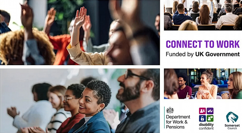Audience at a business event raising hands, with Connect to Work branding and UK Government, DWP and Somerset Council logos.