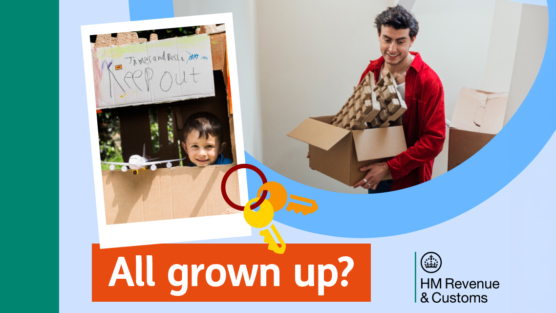 Person packing belongings into a cardboard box alongside a childhood den with a “Keep Out” sign, with keys and “All grown up?” text.
