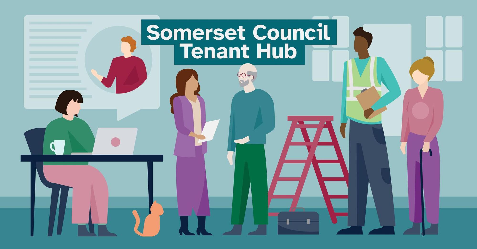 Illustration of diverse tenants and staff with tools and documents under the heading “Somerset Council Tenant Hub” in a shared workspace.