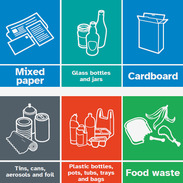 Graphic showing recycling categories: mixed paper, glass bottles and jars, cardboard, tins and cans, plastics, and food waste.