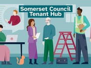 Illustration of diverse tenants and staff with tools and documents under the heading “Somerset Council Tenant Hub” in a shared workspace.