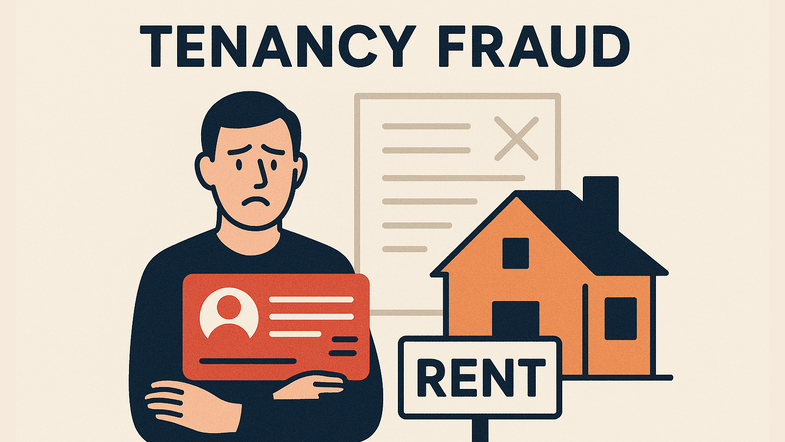 Illustration highlighting tenancy fraud, showing a person holding an ID card beside a house, rent sign, and document marked for review.