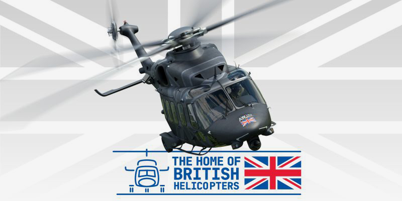 Military helicopter in flight with Union flag and “The home of British helicopters” branding, highlighting Somerset’s £1bn aerospace contract.