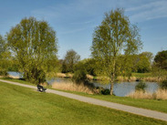 Apex Wildlife and Leisure Park with reed‑fringed lake, open grassland and scattered trees, offering tranquil views across the Somerset Levels.