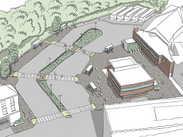 Artist impression of the planned Taunton Transport Hub showing buildings, buses and roadways.