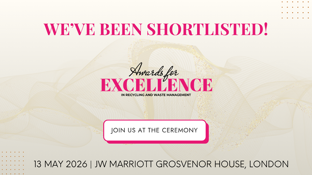 Graphic announcing We’ve been shortlisted for Awards for Excellence in recycling and waste management, with ceremony date and London venue.