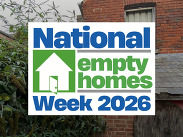 National Empty Homes Week 2026 logo over an image of a boarded‑up house, highlighting action to bring long‑term empty homes back into use.