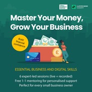 Illustrated graphic promoting “Master Your Money, Grow Your Business” with money, cards, a coin and text about essential business and digital skills.