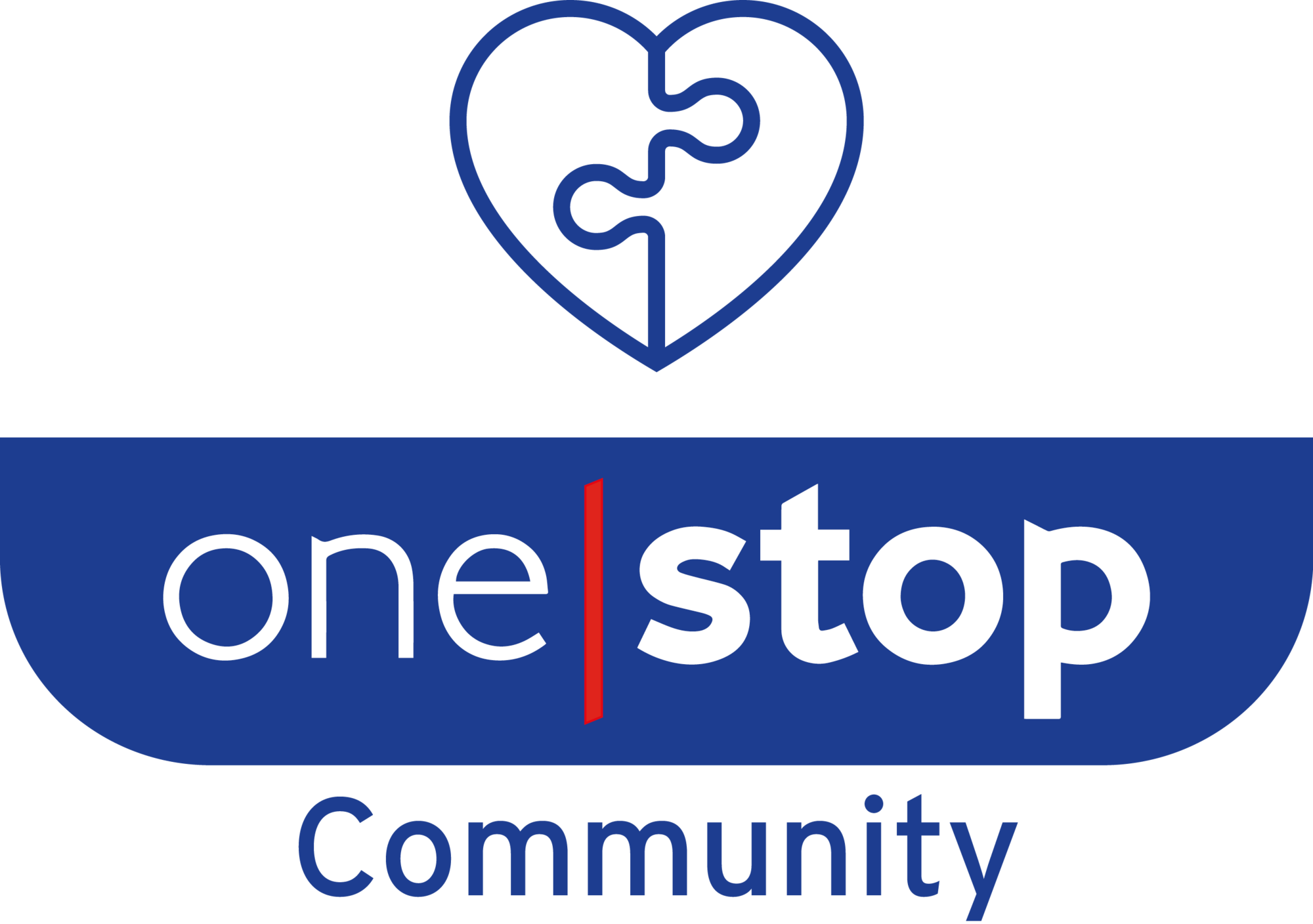 One Stop Community logo featuring a heart-shaped line graphic above the words “one stop Community” in blue.