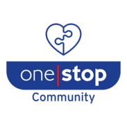 One Stop Community logo featuring a heart-shaped line graphic above the words “one stop Community” in blue.