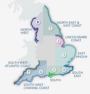 Map of England’s coastline divided into 8 numbered, colour‑coded regions, labelled from North West to South East.