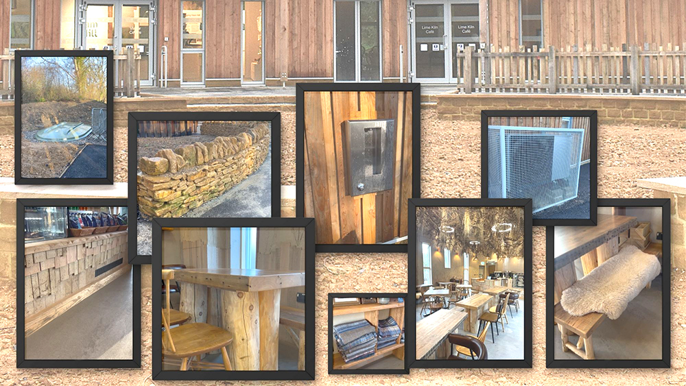 Collage of Ham Hill’s eco‑friendly visitor centre, showing the exterior and sustainable café interiors with timber and local stone.