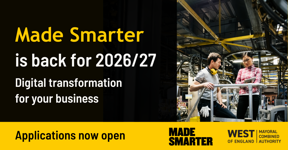 Promotional graphic announcing Made Smarter’s return for 2026/27, showing business leaders in a factory and text on digital transformation support.