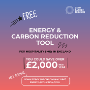 Promotional graphic advertising a free energy and carbon reduction tool for hospitality SMEs, highlighting potential savings of over £2,000 per year.
