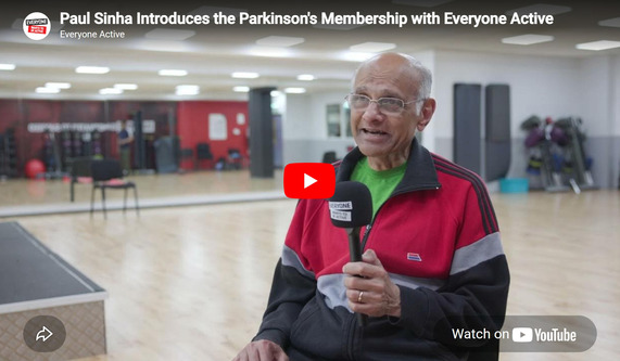 Everyone Active YouTube thumbnail: Paul Sinha Introduces the Parkinson's Membership with Everyone Active, showing a speaker in gym