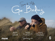 Promotional image for Sam and Ade Go Birding, showing two people watching wildlife with binoculars in grassy countryside under a blue sky.