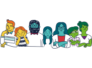 Illustration of a diverse group of people standing together, representing community involvement in The Families First Partnership Programme.