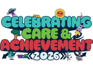 Celebrating Care & Achievement 2026 logo with playful lettering, sun, rocket, tree, globe, books, food and young people icons.