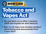 NHS graphic titled Tobacco and Vapes Act, stating new law, with smiling group of children pictured beneath the text.