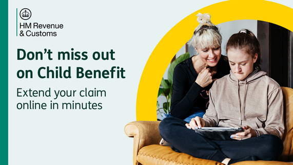HM Revenue & Customs graphic urging parents of teenagers turning 16 to extend Child Benefit, with parent and teen using a tablet at home.