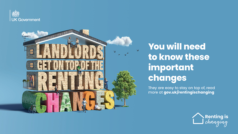 UK Government graphic urging landlords to get on top of renting changes, showing a stylised house made of text with people around it.
