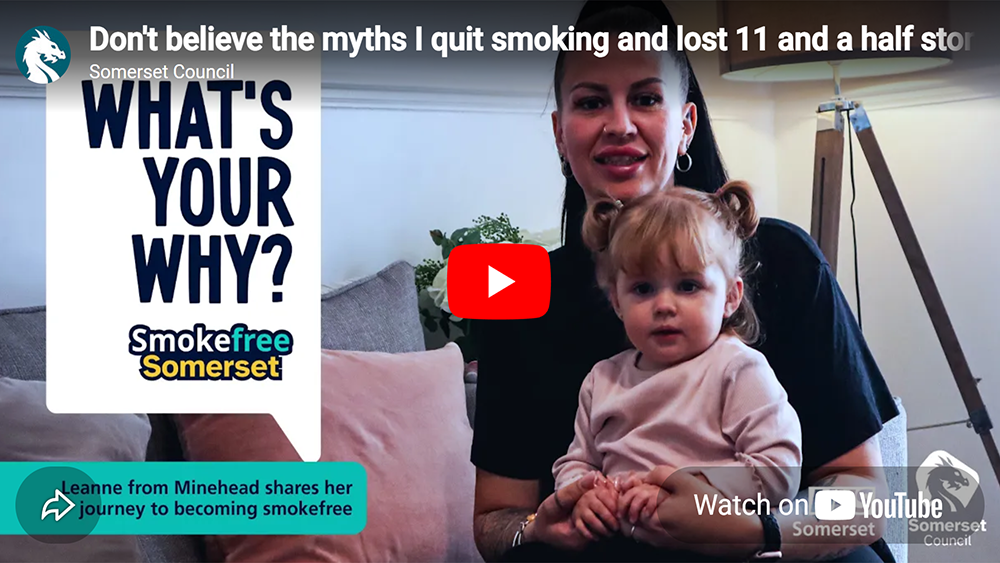 Video thumbnail showing an adult holding a toddler on a sofa with text “What’s your why?” promoting a Smokefree Somerset quit smoking story.