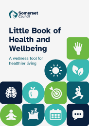 Cover page of Somerset Council Little Book of Health and Wellbeing with icons representing fitness, nutrition, sleep and mental health.