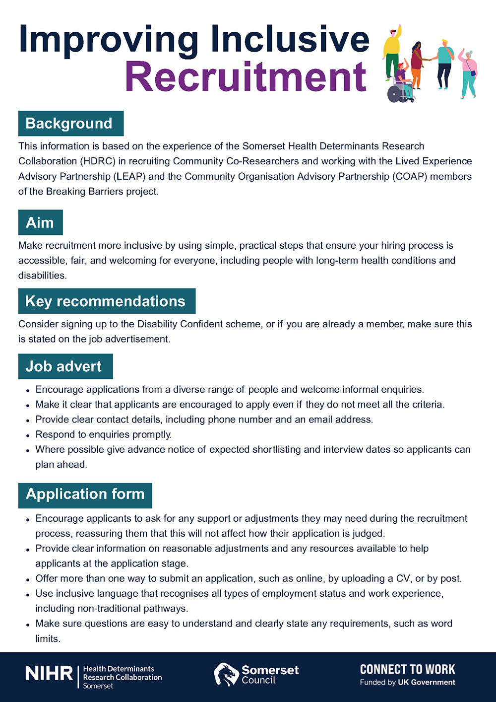 Improving Inclusive Recruitment toolkit cover page with title text, accessible design, and logos from NIHR, Somerset Council and Connect to Work.