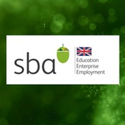 SBA logo with green acorn icon beside text “Education Enterprise Employment” and a UK flag on a green background.