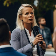 Person speaking into a handheld microphone to an audience at a business or networking event, with people gathered around outdoors.