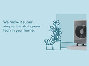Illustration of a home heat pump with plants and text about installing green technology by Thermly.